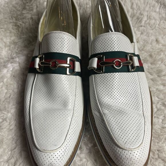 Fratelli White Perforated Leather Gold tone accent Italian Stripe Shoes SZ10M main image 4